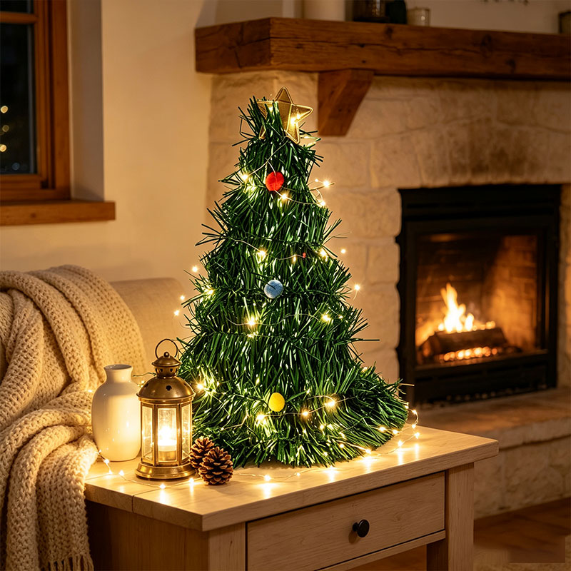 Star Tree Topper - Foldable Green Tinsel Mini Christmas Tree